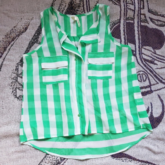 Truth NYC Tops - Truth NYC Green White Striped Sleeveless Top Button Down Size M